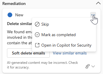 Copilot 측면 패널의 단계별 응답 카드 사용자가 사용할 수 있는 옵션을 보여 주는 스크린샷