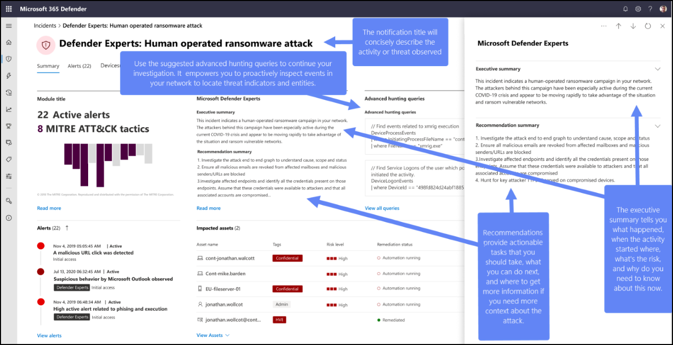 Microsoft Defender XDR의 Defender 전문가 알림 스크린샷 Defender 전문가 알림에는 관찰된 위협 또는 활동을 설명하는 제목, 요약 및 권장 사항 목록이 포함됩니다.