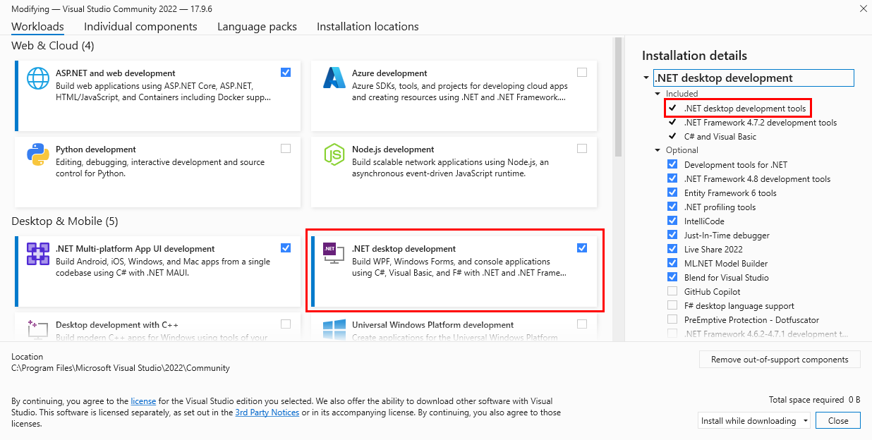 .NET 데스크톱 워크로드가 빨간색 상자로 강조 표시된 Visual Studio 설치 관리자를 보여 주는 스크린샷.