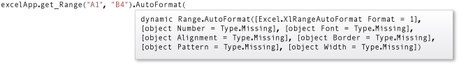 AutoFormat 메서드에 대한 IntelliSense 요약 정보를 보여주는 스크린샷