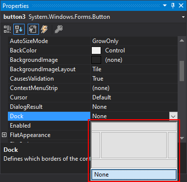 도킹 속성이 확장된 .NET Windows Forms의 Visual Studio 속성 창.