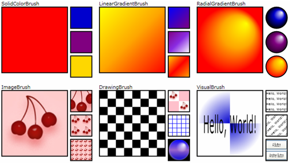 여러 WPF 브러시 및 그리기 요소를 보여 주는 그림