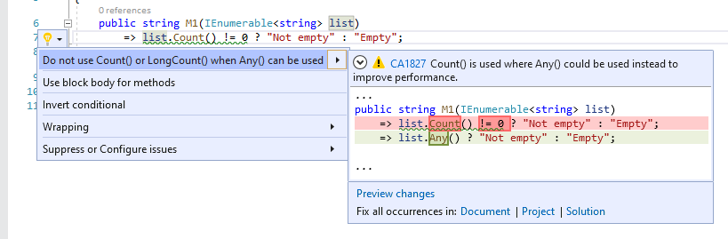 CA1827에 대한 코드 수정 사항 - Any()를 사용할 수 있는 경우 Count() 또는 LongCount() 사용 안 함