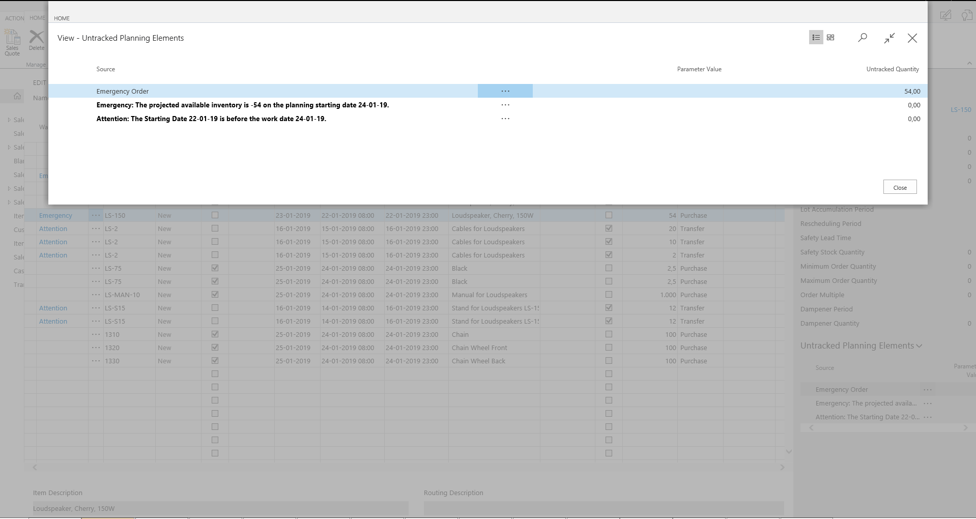 Warnings in the planning worksheet.