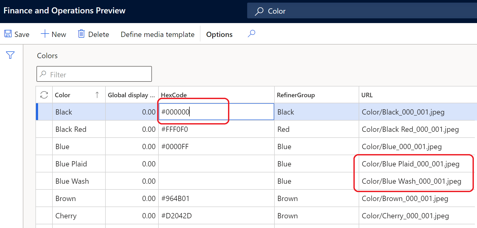 Example of dimension configuration that uses both hex codes and image URLs.