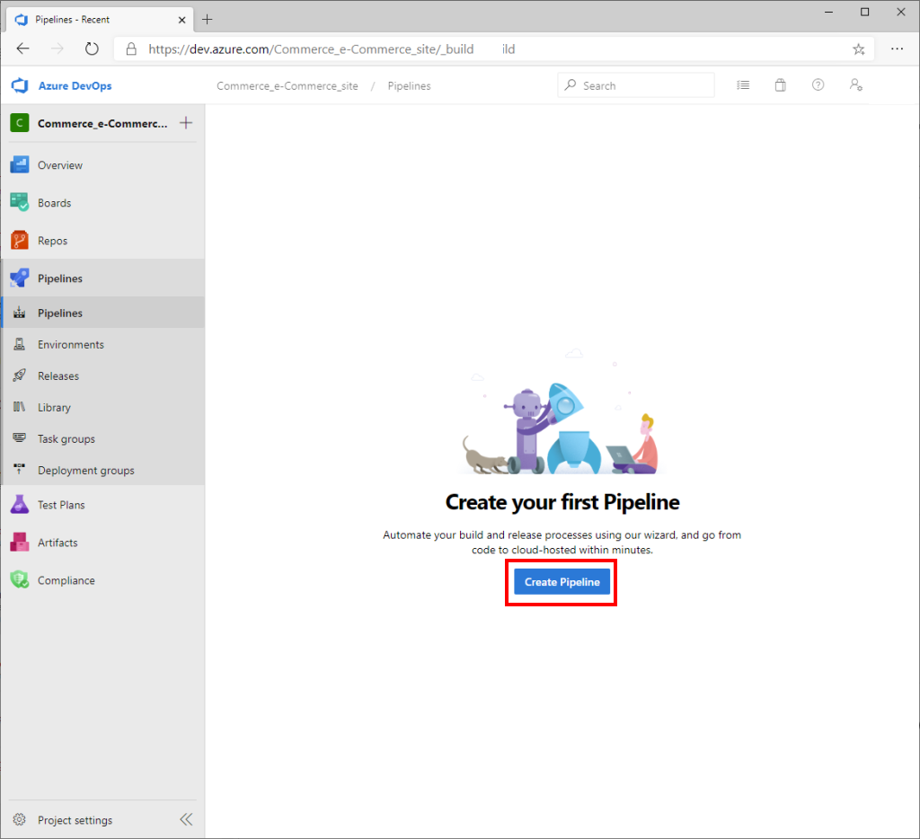Azure DevOps "Pipelines" page with "Create Pipeline" highlighted
