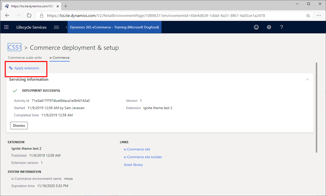 "Apply extension" in LCS project dashboard