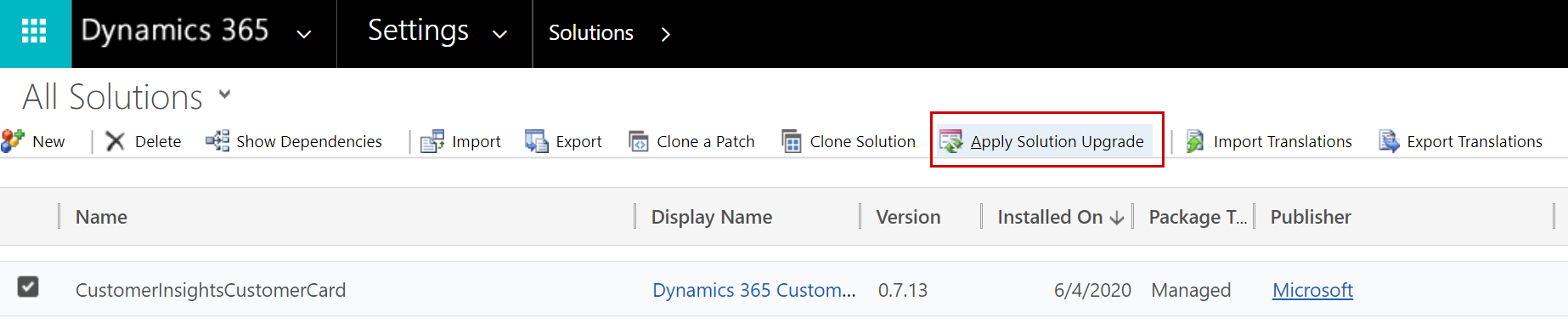 Dynamics 365 앱의 사용자 지정 영역에서 솔루션 업그레이드.