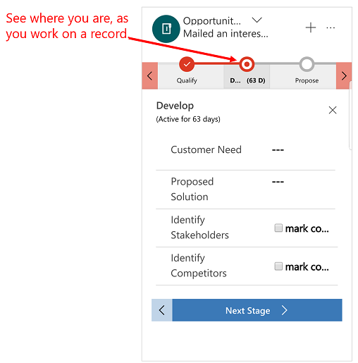 휴대폰 및 태블릿용 Dynamics 365 비즈니스 프로세스 흐름.