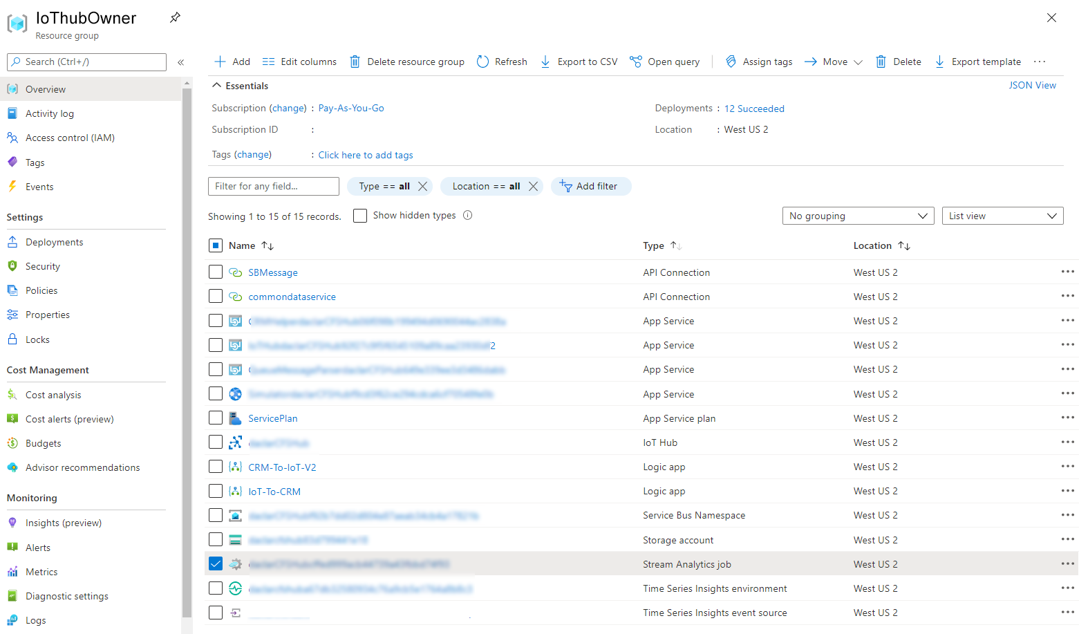 Connected Field Service IoT 알림 Stream Analytics를 표시하는 Microsoft Azure 스크린샷.