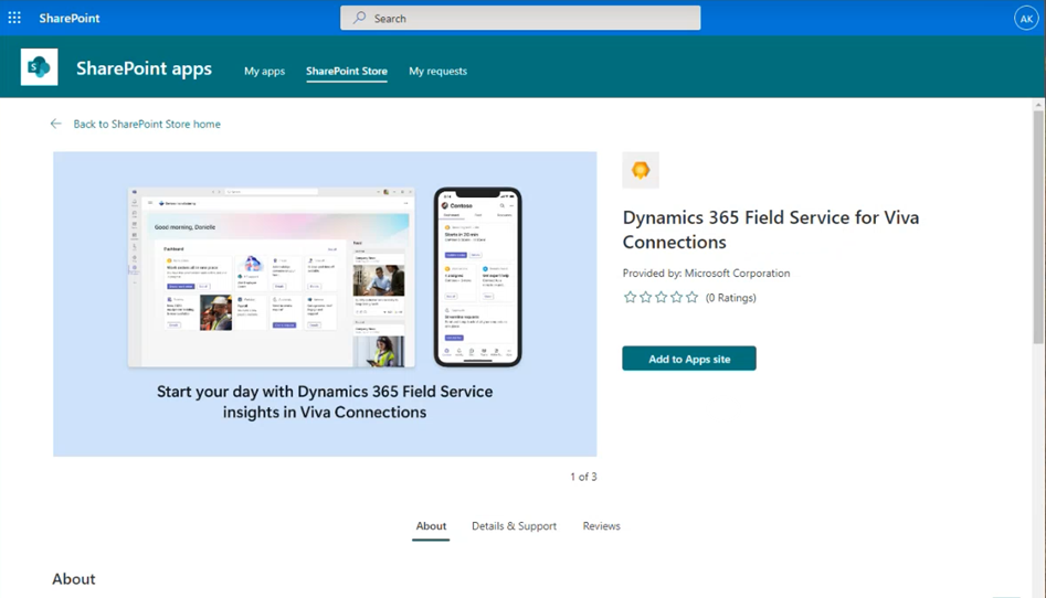 앱에 추가 사이트 버튼이 표시된 Viva Connections용 Dynamics 365 Field Service 앱이 표시된 SharePoint 스토어 탭의 스크린샷입니다.