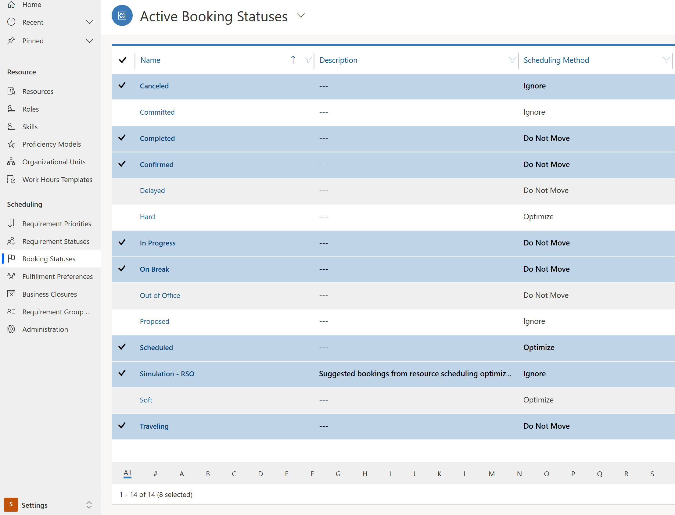 Resource Scheduling Optimization 상태에 매핑된 예약 상태 목록의 스크린샷.