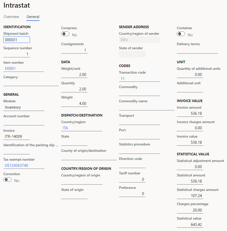 Transfer order details on the General tab of the Intrastat page