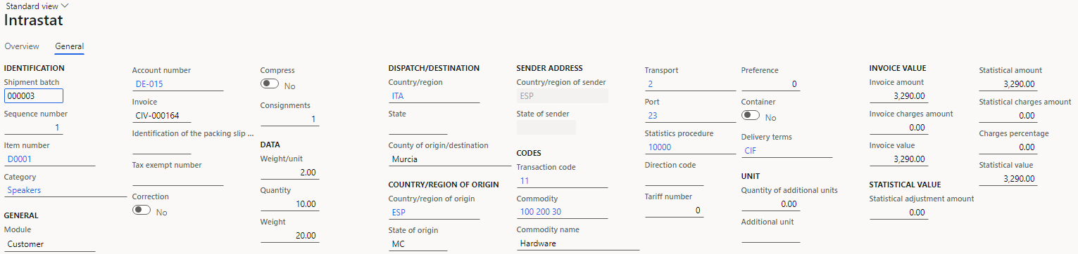 Sales order details on the General tab of the Intrastat page