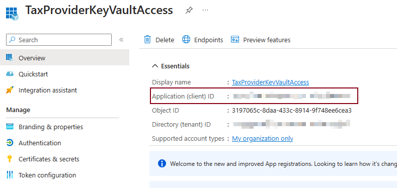 애플리케이션(클라이언트) ID 필드가 강조 표시된 TaxProviderKeyVaultAccess 페이지의 스크린샷.