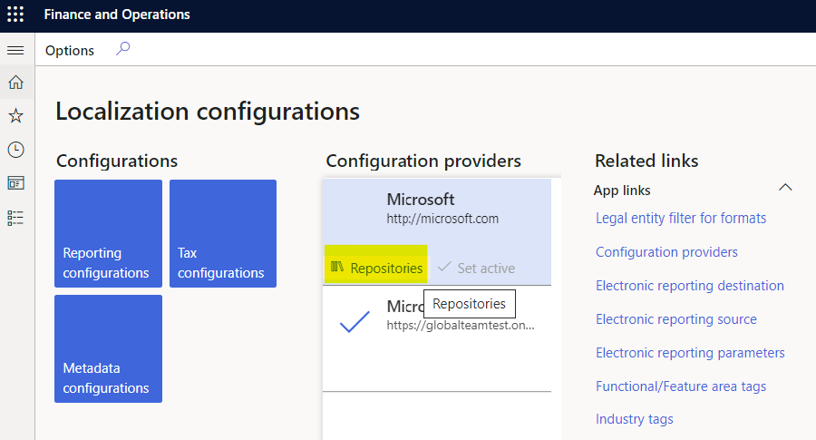 Microsoft 구성 공급자의 리포지토리 버튼입니다.