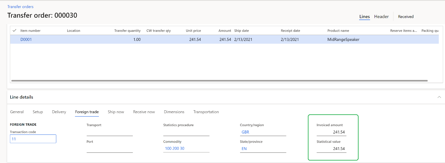 Invoiced amount and Statistical value fields for a transfer order line.