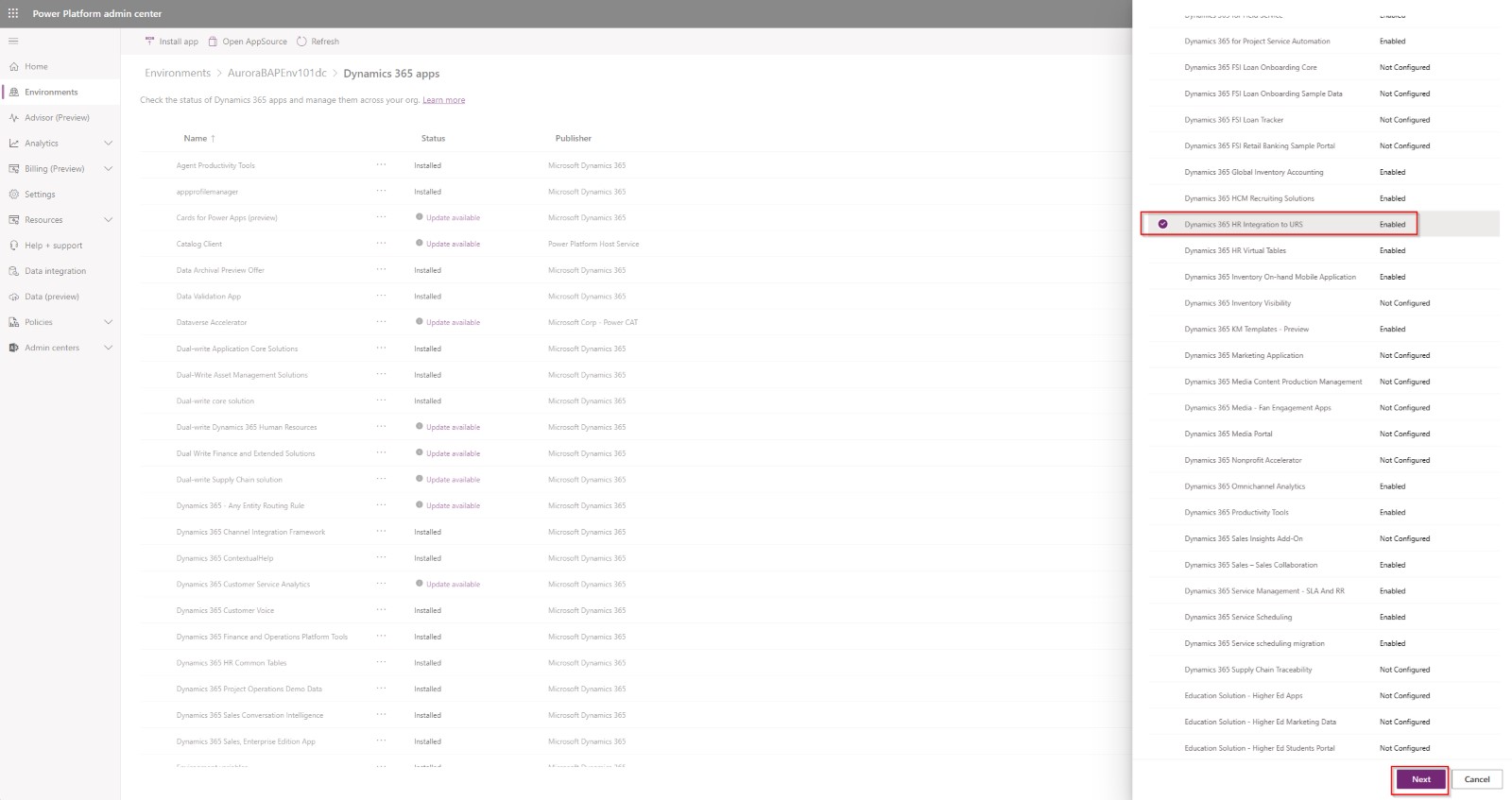 URS에 Dynamics 365 Human Resources 통합 설치