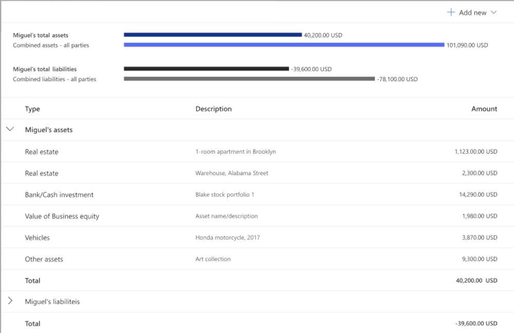 Screenshot of the Declared assets and liabilities