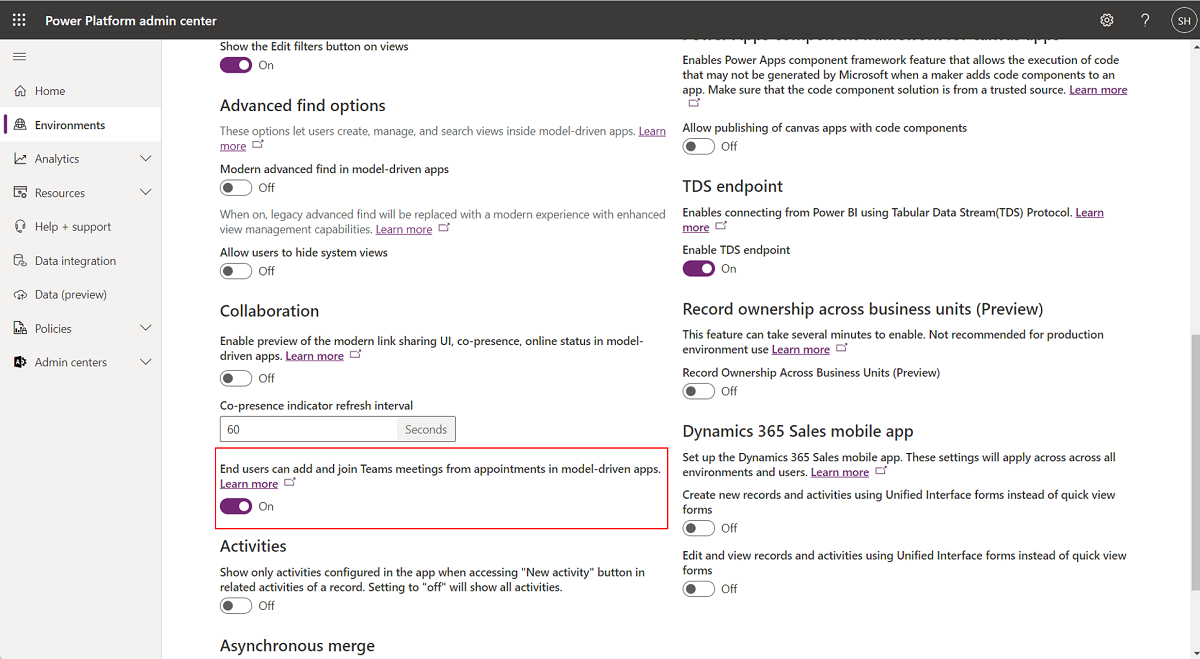 Screenshot of the Environments dashboard with the Features pane.