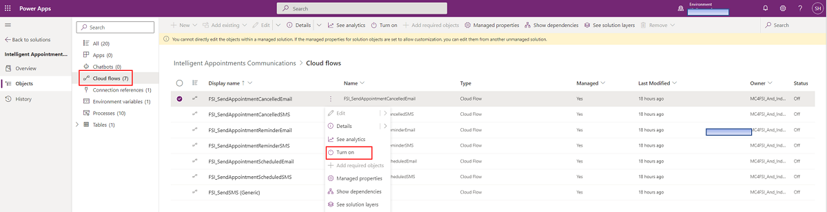 Screenshot of the Power Apps portal solution with the list of flows.