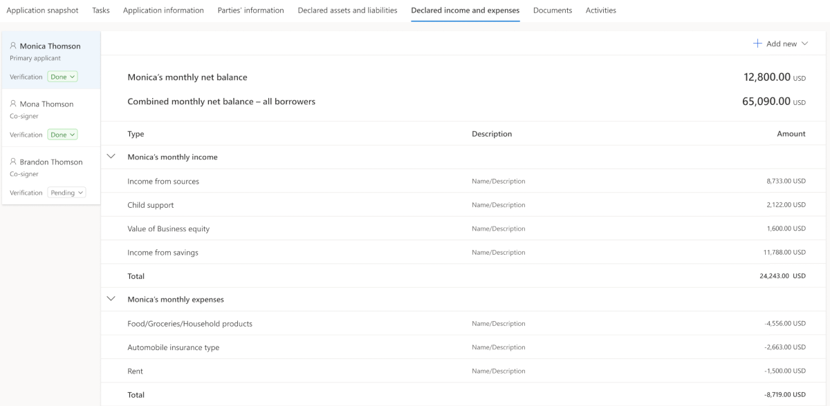 Screenshot of the Declared income and expenses tab.