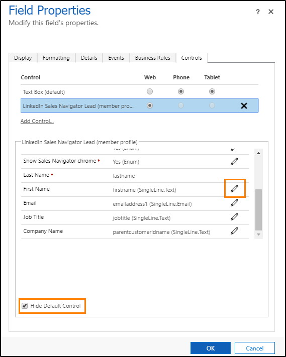 Screenshot of configuring properties of a Sales Navigator control.