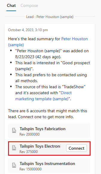 일치하는 계정이 강조 표시된 Copilot 채팅의 잠재 고객 카드 스크린샷.