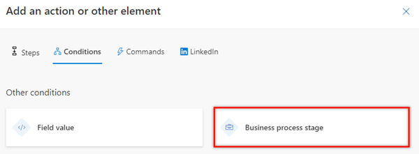 비즈니스 프로세스 단계에 대한 활동 선택 단계에 있는 조건 탭의 스크린샷.