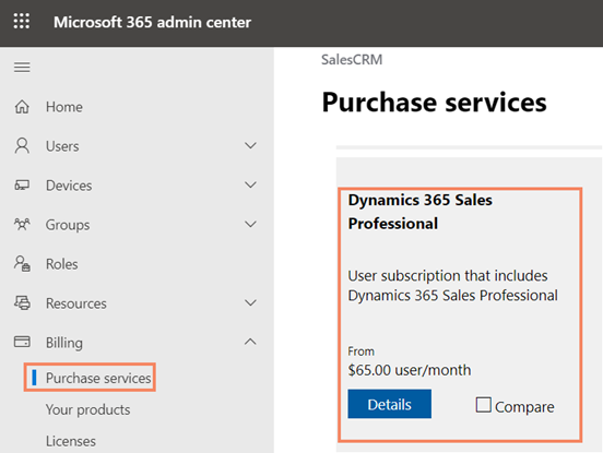 Dynamics 365 Sales Professional 타일 선택.