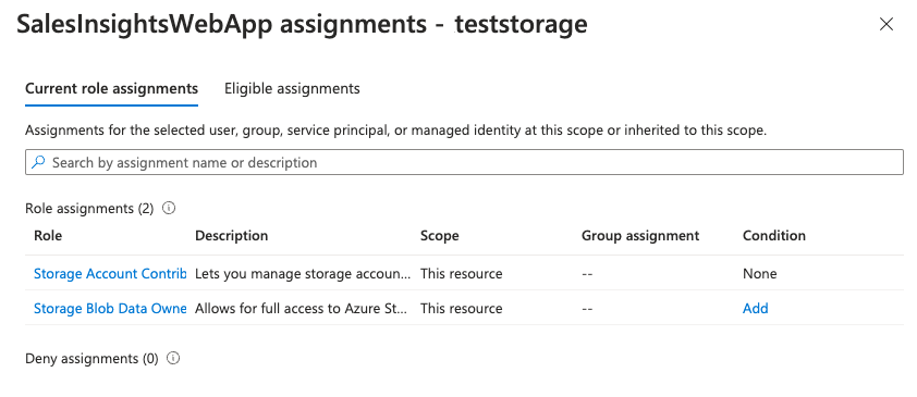 Azure Portal에서 SalesInsightsWebApp에 할당된 역할이 포함된 역할 할당 탭의 스크린샷