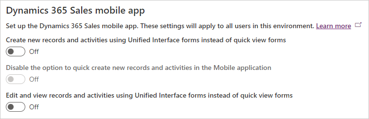 Dynamics 365 Sales 모바일 앱 설정의 스크린샷.