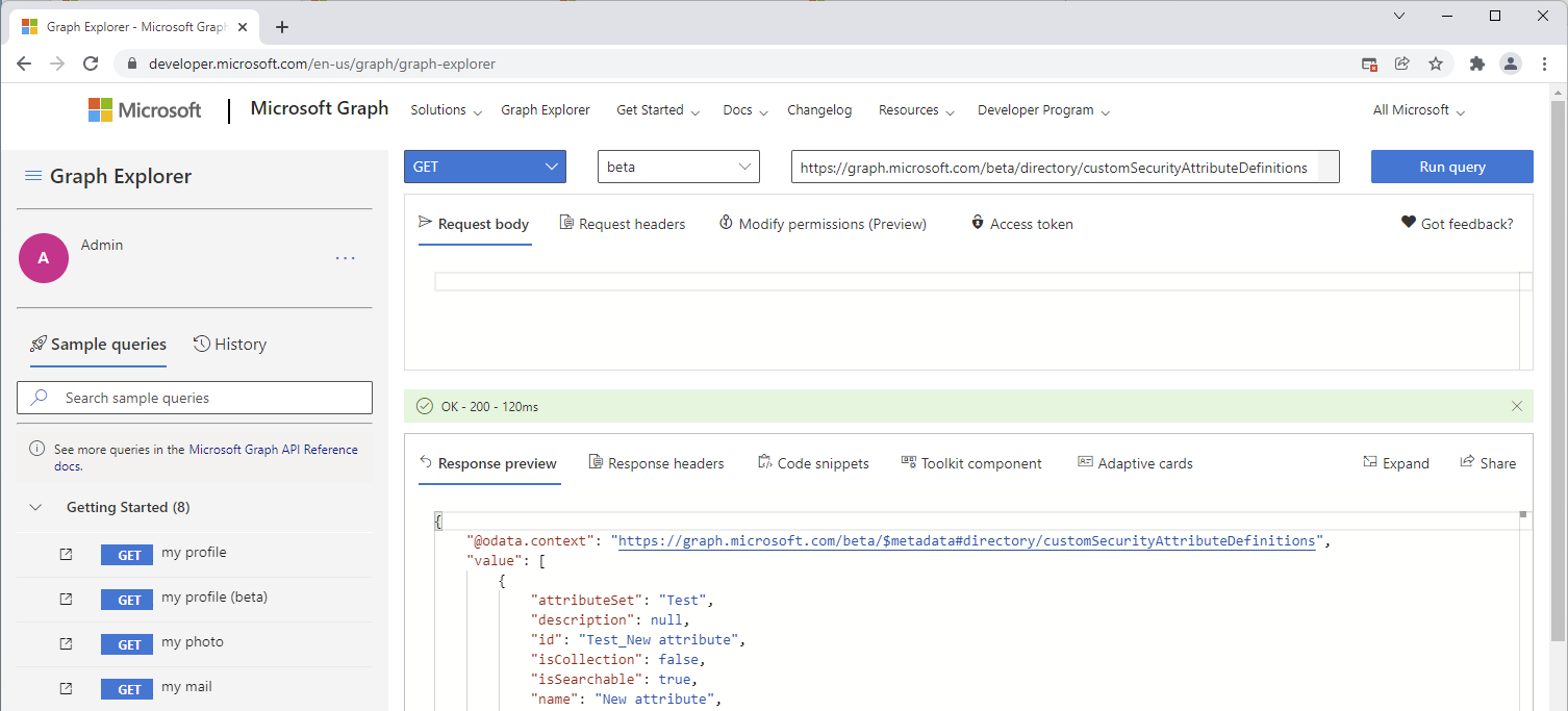 사용자 지정 보안 특성에 대한 Microsoft Graph API 호출을 보여 주는 스크린샷