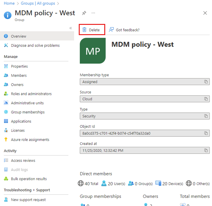 MDM 정책 스크린샷 – 삭제 링크가 강조 표시된 West 개요 페이지.