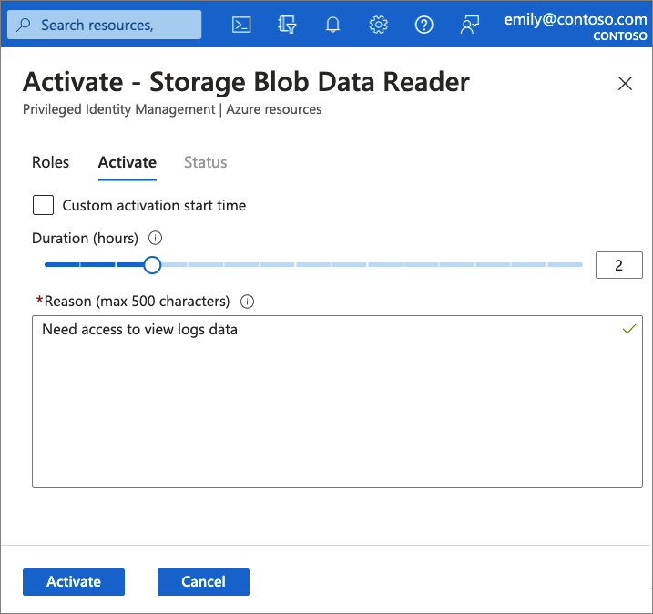 Privileged Identity Management 역할 활성화 스크린샷