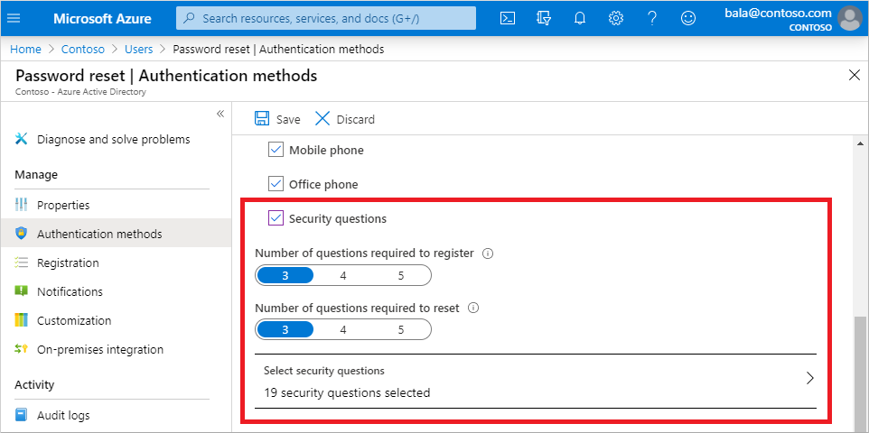 보안 질문에 대한 인증 방법 및 옵션을 보여 주는 Microsoft Entra 관리 센터의 스크린샷