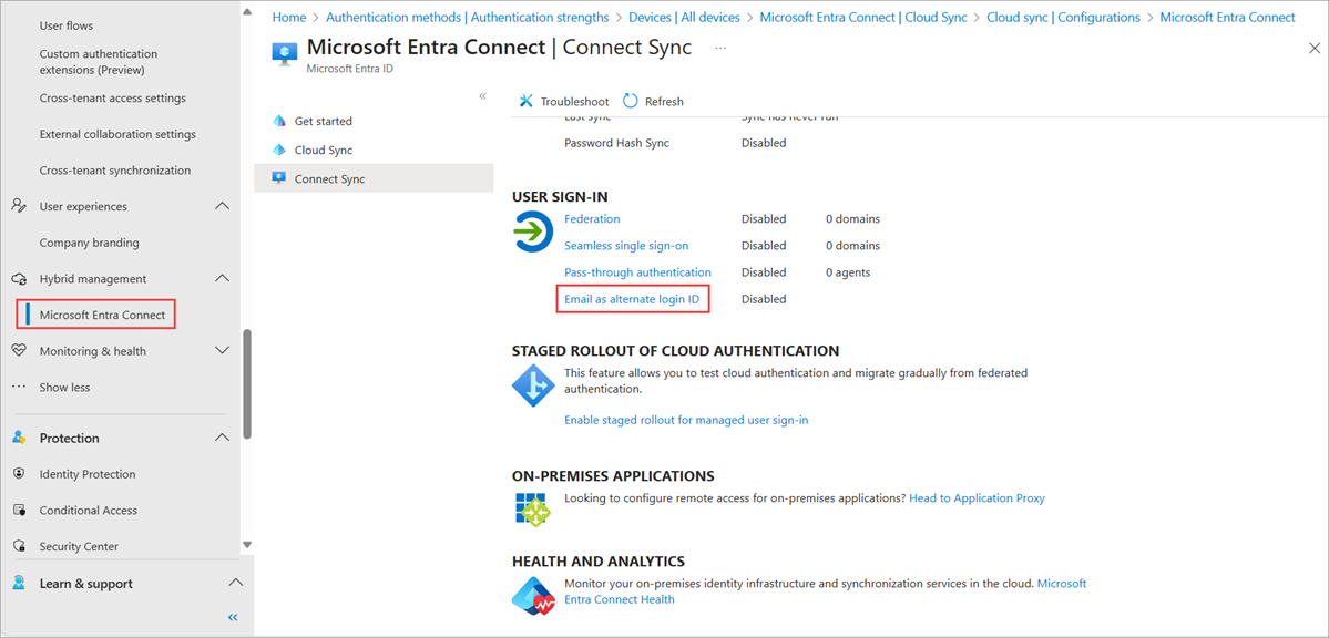 Microsoft Entra 관리 센터의 대체 로그인 ID로서의 이메일 옵션 스크린샷.