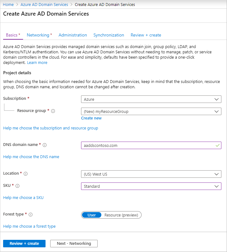 Microsoft Entra Domain Services 관리되는 도메인에 대한 기본 설정 구성