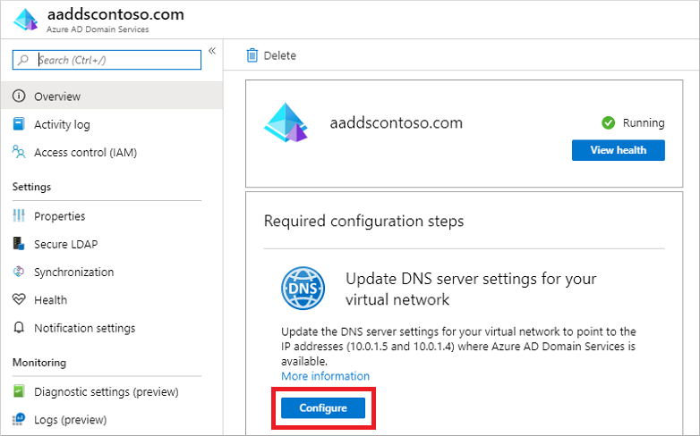 Microsoft Entra Domain Services IP 주소를 사용하여 가상 네트워크에 대한 DNS 설정 구성