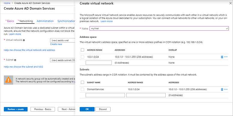 Microsoft Entra Domain Services에서 사용할 가상 네트워크 및 서브넷 만들기