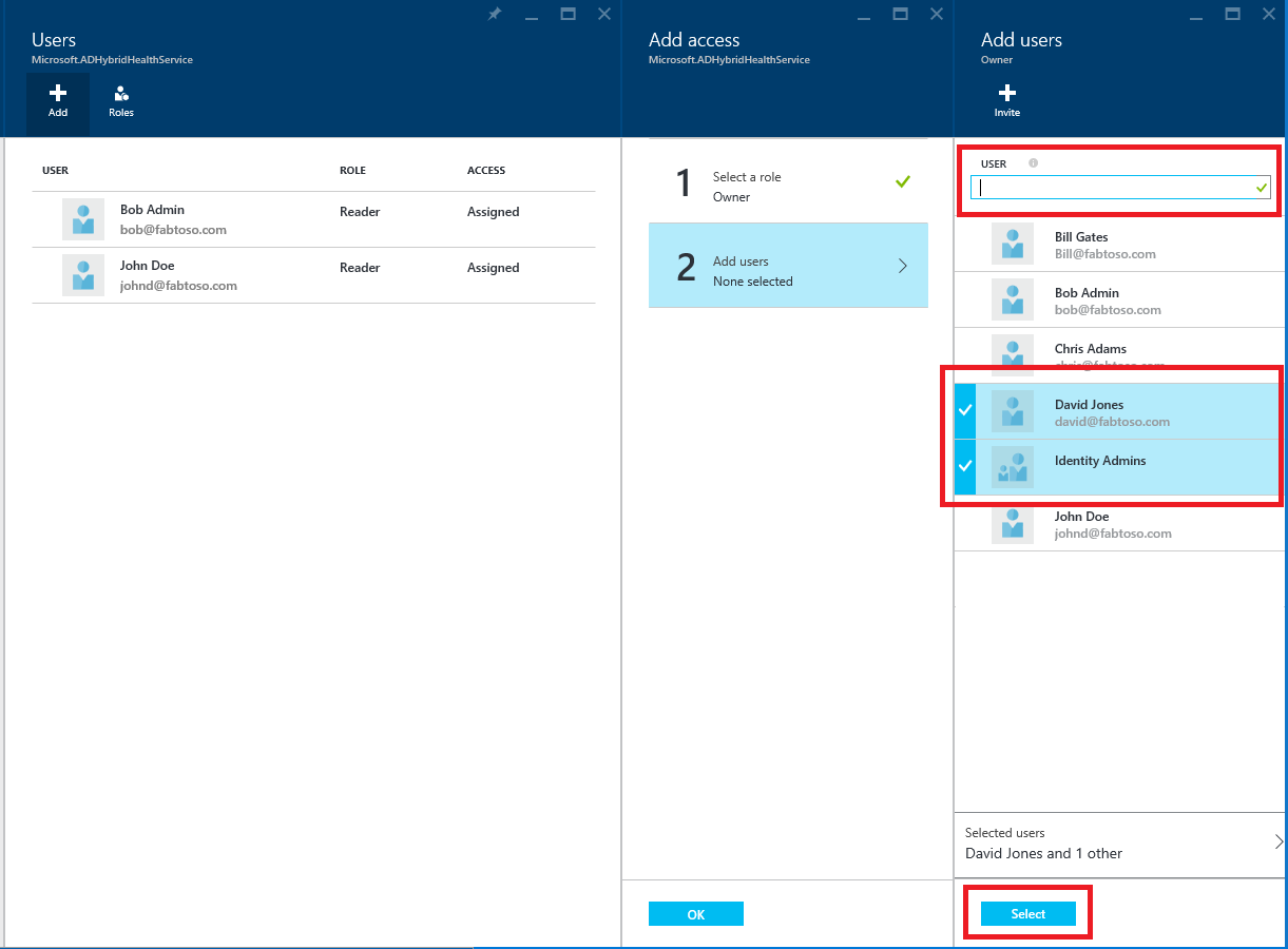 Microsoft Entra Connect Health 및 Azure 역할 목록 스크린샷