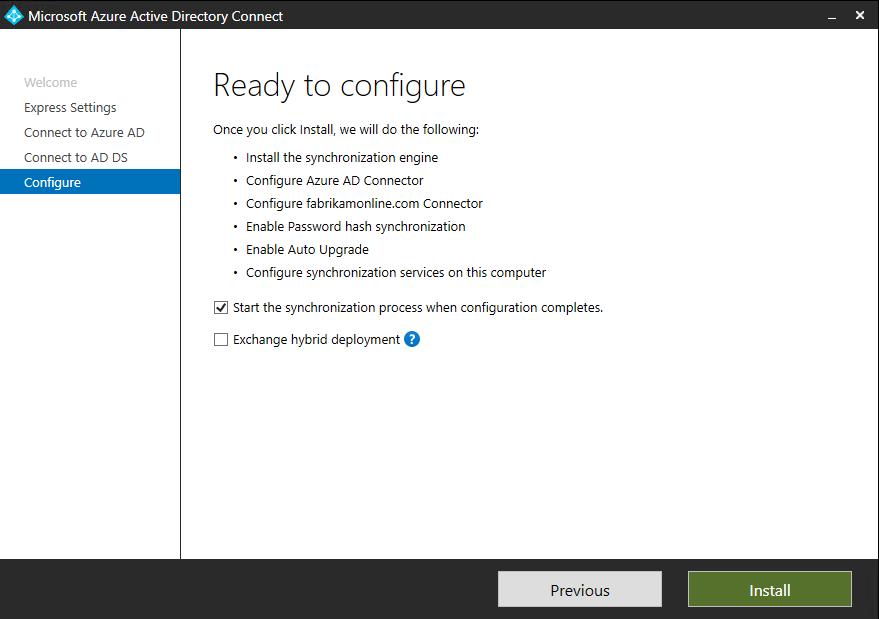 마법사에서 Microsoft Entra Connect 구성 준비 완료 페이지를 보여 주는 스크린샷.