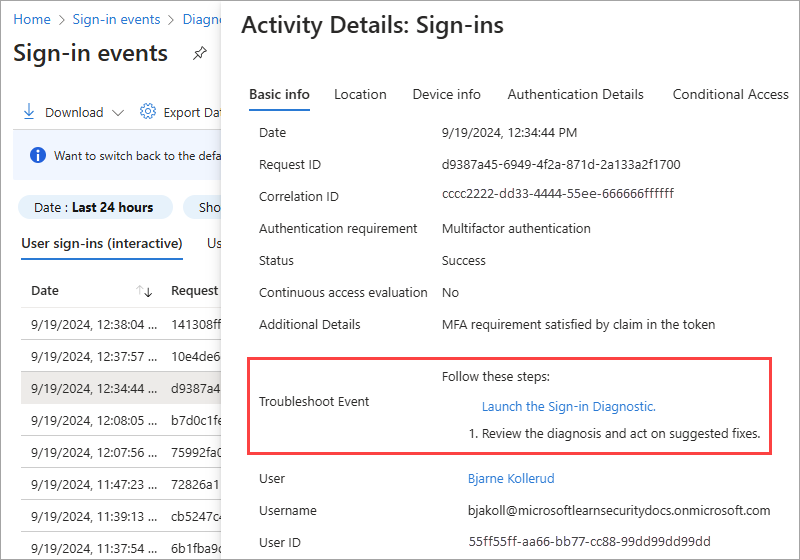 Microsoft Entra ID에서 로그인 진단을 시작하는 방법을 보여주는 스크린샷.