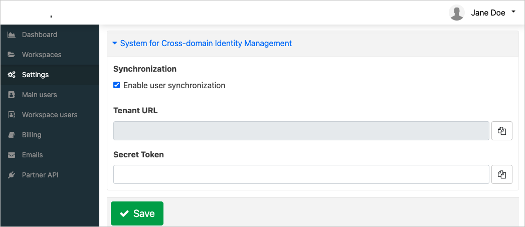 설정 목록에 있는 System for Cross-domain Identity Management 섹션의 스크린샷.