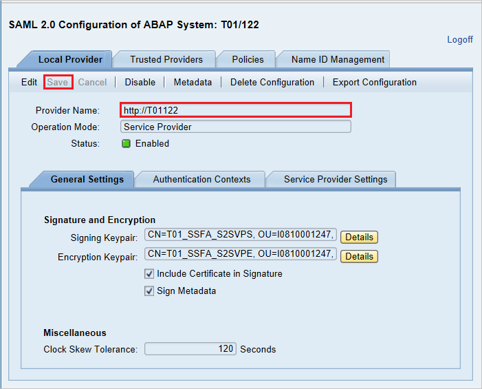 SAP에서 ABAP 시스템 T01/122의 SAML 2.0 구성 페이지에서 업데이트된 공급자 이름