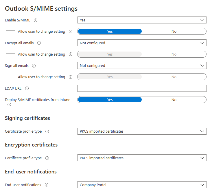 Outlook S/MIME 설정을 보여 주는 스크린샷