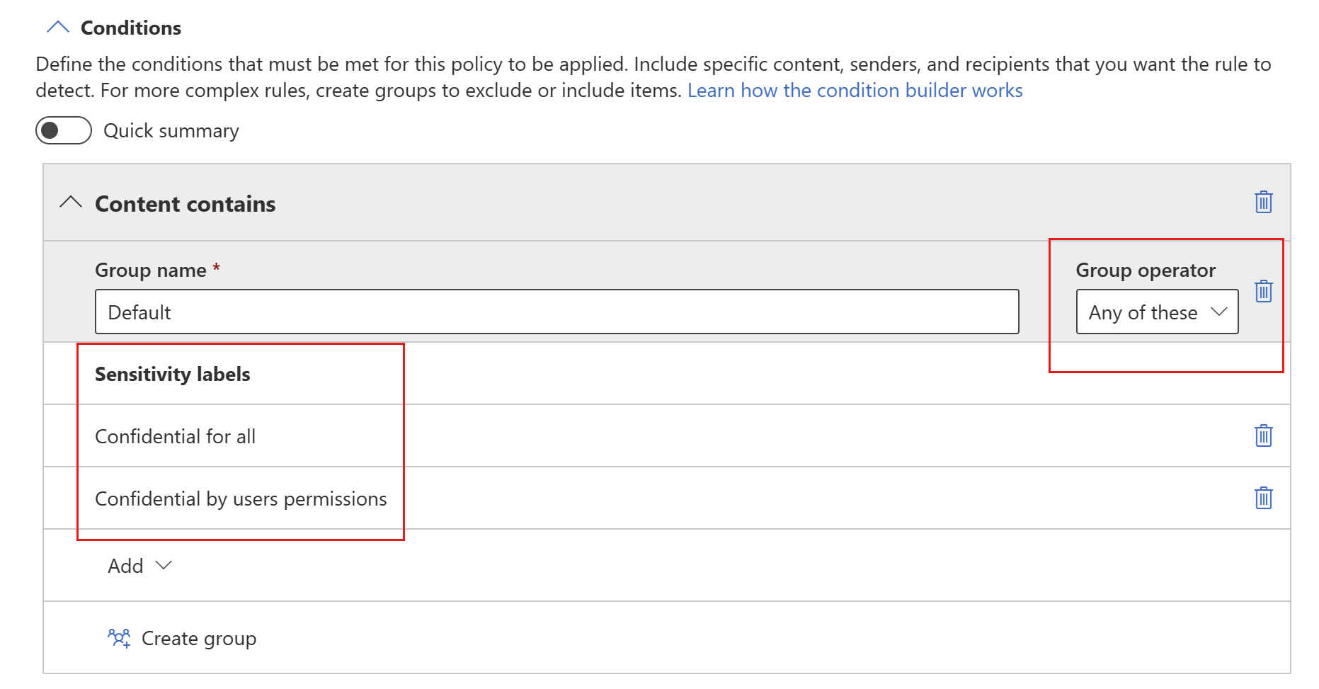 Screenshot of D L P conditions group section.