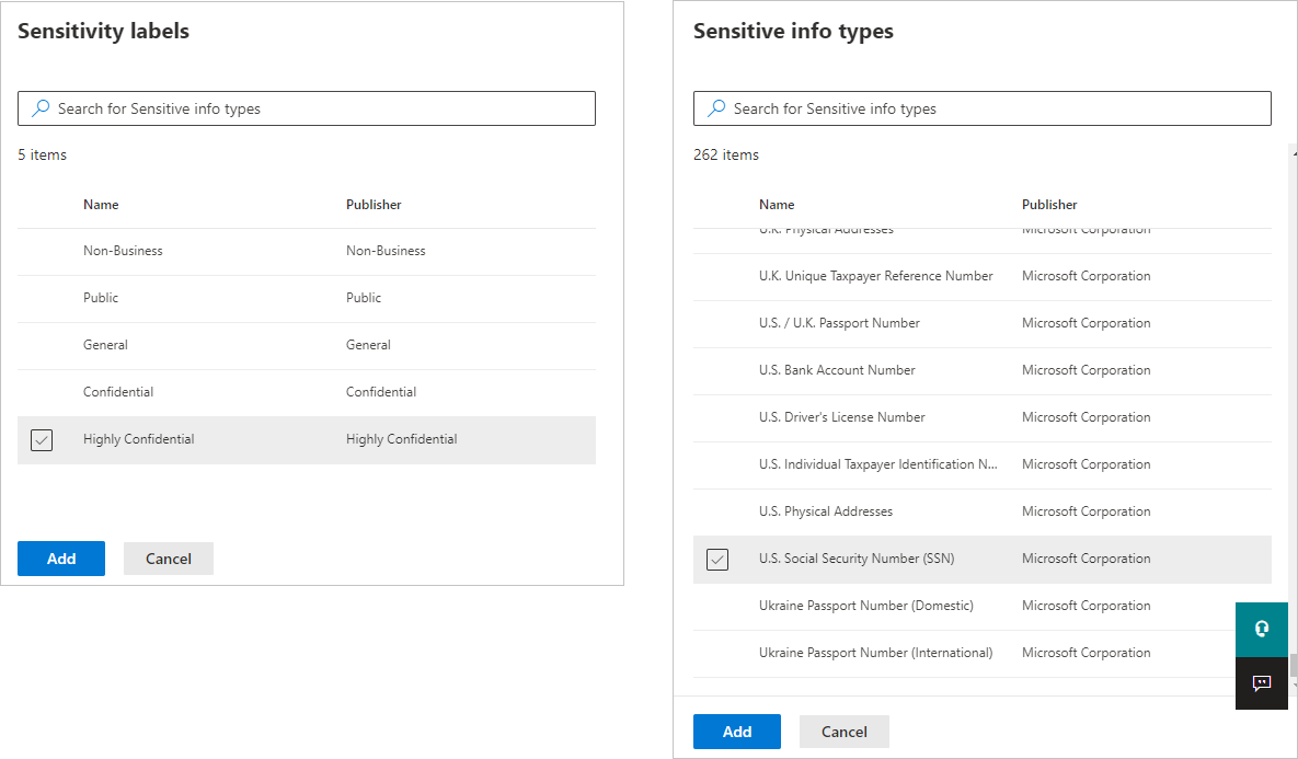 Screenshot of sensitivity-label and sensitive info types choices.