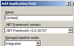 이름, 점 NET Framework 버전 및 관리형 파이프라인 모드 필드를 보여 주는 애플리케이션 풀 추가 대화 상자의 스크린샷.