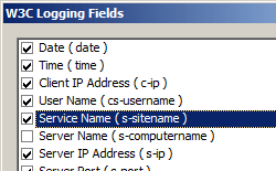 W 3C 로깅 필드 대화 상자의 스크린샷 날짜, 시간, 클라이언트 IP 주소, 사용자 이름, 서비스 이름 및 서버 I P 주소에 대한 확인란이 선택되어 있습니다. 서비스 이름이 강조 표시됩니다. 